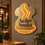 Podświetlane logo Atelier Smaku z pomarańczowym LED i nadrukiem UV