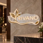 Elegancki szyld Rivano Hotel & Spa z ciepłym światłem LED