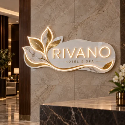 Elegancki szyld Rivano Hotel & Spa z ciepłym światłem LED