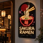 Logo Sakura Ramen z czerwonym i ciepłym LED oraz grafiką miski ramen