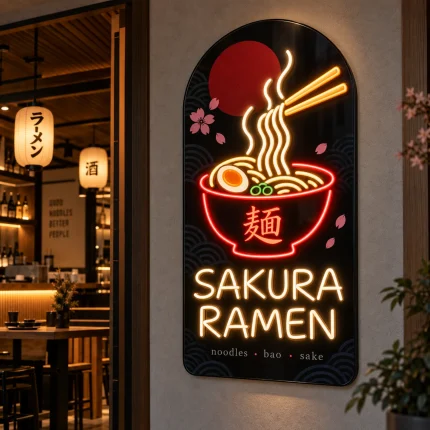 Logo Sakura Ramen z czerwonym i ciepłym LED oraz grafiką miski ramen