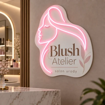 Logo Blush Atelier z różowym neonem LED i dekoracyjnym nadrukiem