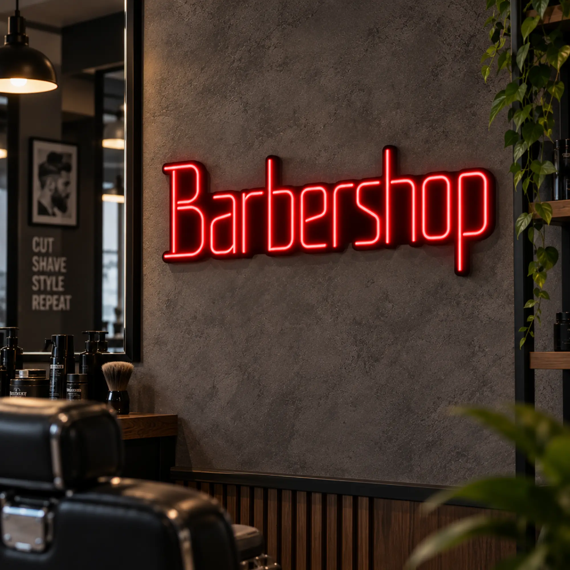 Napis LED Barbershop – czerwona reklama świetlna Napis LED Barbershop w czerwonym kolorze na ścianie salonu