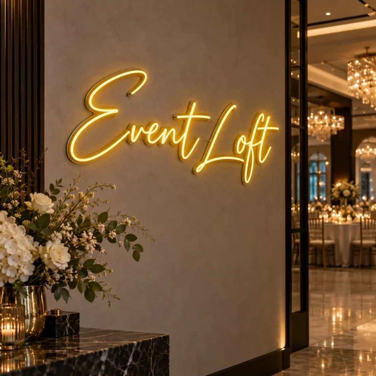 Napis LED na zamówienie Event Loft w eleganckim wnętrzu