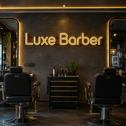 Złoty napis LED na zamówienie Luxe Barber w salonie barberskim