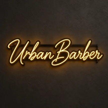 Ciepły napis LED na zamówienie Urban Barber na ciemnej ścianie