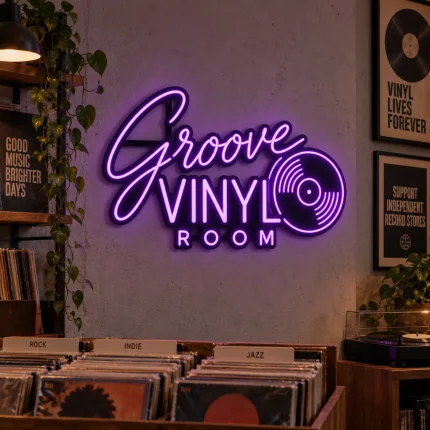 Neon personalizowany Groove Vinyl Room z grafiką płyty winylowej