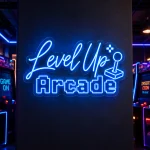 Neon personalizowany Level Up Arcade z grafiką joysticka