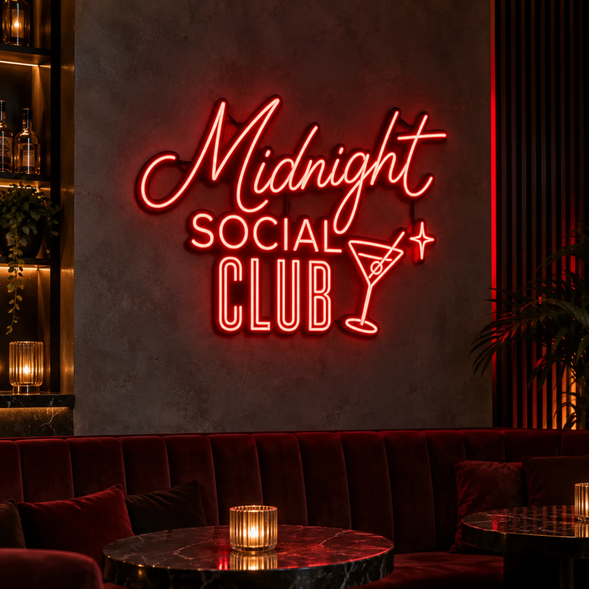 Personalizowany neon do klubu i baru Neon personalizowany Midnight Social Club z grafiką koktajlu