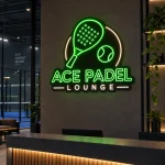 Zielony neon z logo firmy Ace Padel Lounge z rakietą do padla