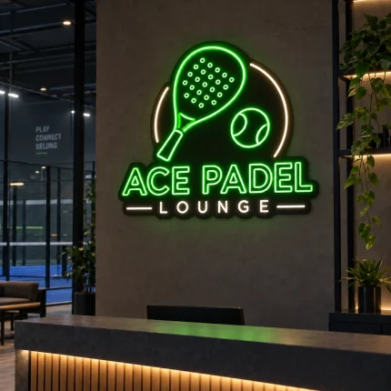 Zielony neon z logo firmy Ace Padel Lounge z rakietą do padla