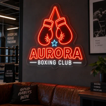 Neon z logo firmy Aurora Boxing Club z motywem rękawic bokserskich