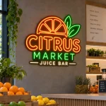 Neon z logo firmy Citrus Market z grafiką cytrusa i liści