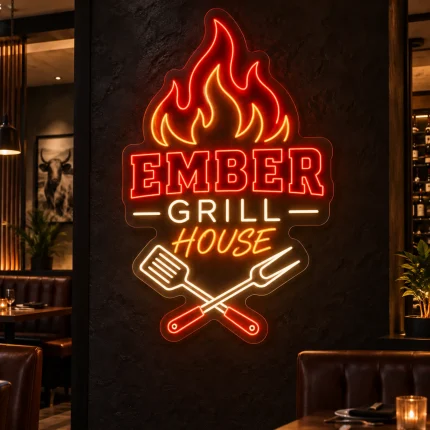 Neon z logo firmy Ember Grill House z motywem ognia i sztućców