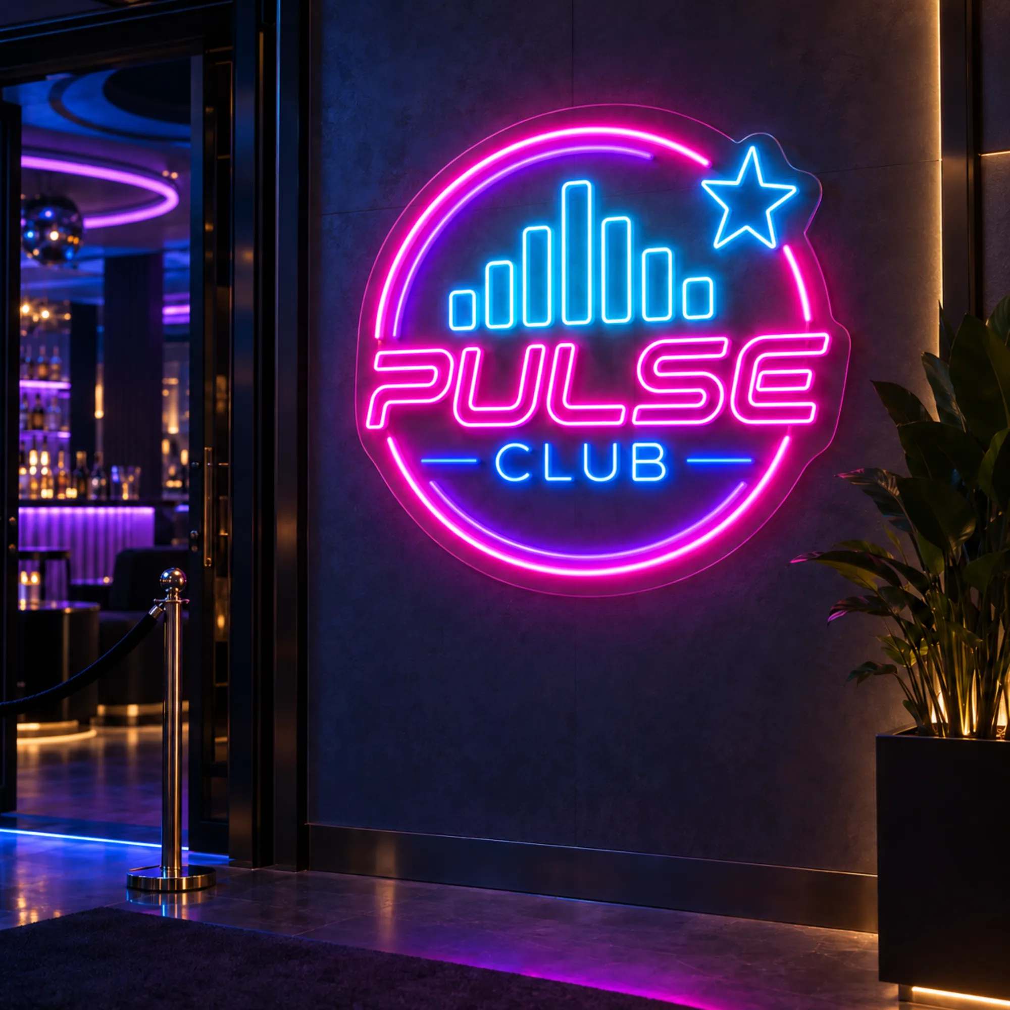 Neon z logo firmy Ink House Tattoo Studio z czaszką i różą