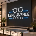 Neon z logo firmy Lens Avenue Optics z symbolem okularów