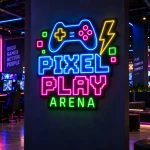 Neon z logo firmy Pixel Play Arena z kontrolerem i błyskawicą