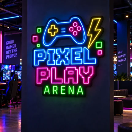 Neon z logo firmy Pixel Play Arena z kontrolerem i błyskawicą