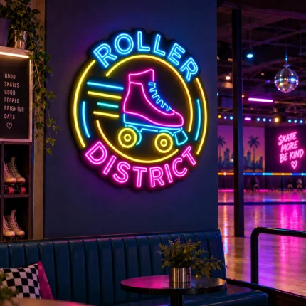 Neon z logo firmy Roller District z grafiką wrotki