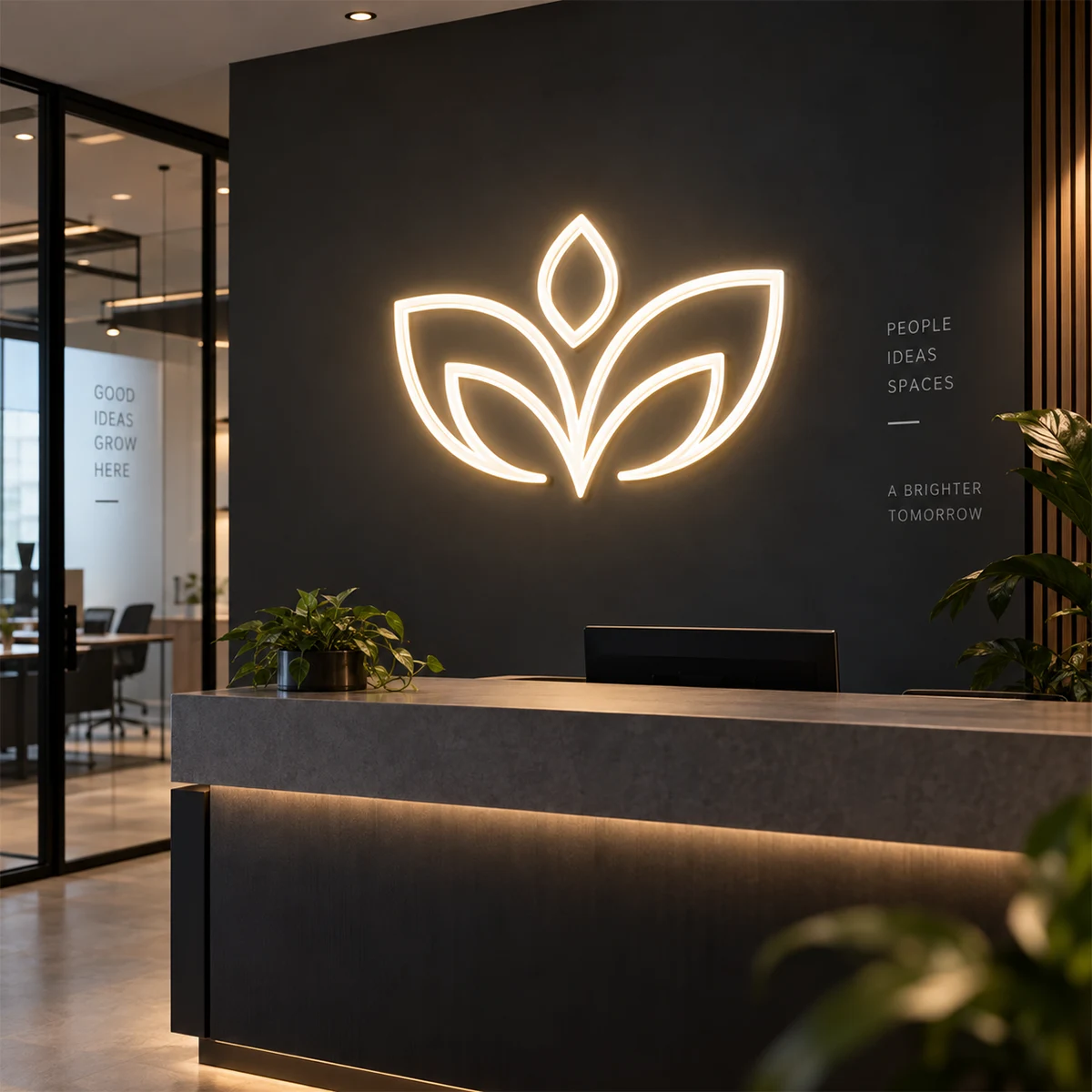 Neon z logo firmy – sygnet / znak graficzny na zamówienie Neon z logo firmy w formie sygnetu lub znaku graficznego we wnętrzu nowoczesnej recepcji